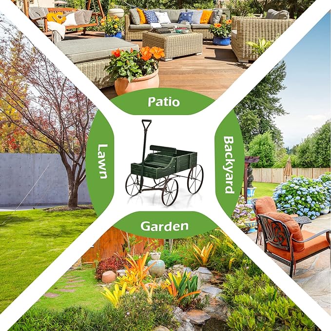 Wooden Wagon Planter, Decorative Garden Wheelbarrow Planter with 2 Planting Sections, Rolling Wheels, Adjustable Handle, Small Wagon Cart Planter Stand for Flowers Vegetables Herbs (Green)