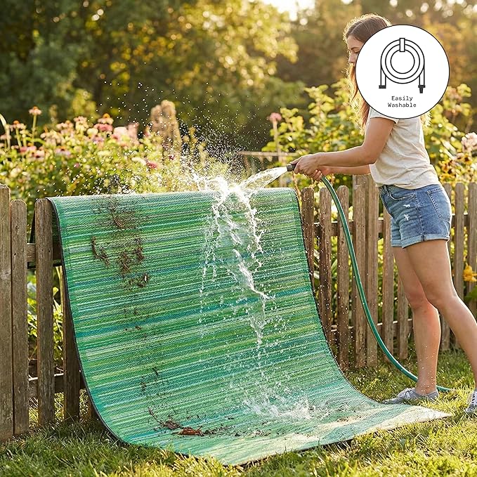 Fab Habitat Outdoor Rug - Waterproof, Fade Resistant, Crease-Free - Premium Recycled Plastic - Striped - Large Patio, Deck, Sunroom, Camping, RV - Cancun - Green - 6 x 9 ft
