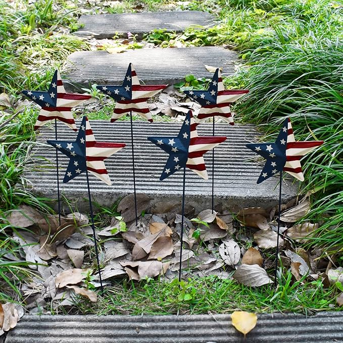 6set 12"H Metal American Star Barn Yard Sign, Patriotic Metal US Flag Star Barn Garden Stake for Planter Pot Walkway Pathway 4th of July Decor Memorial Day Outdoor Lawn Decorations