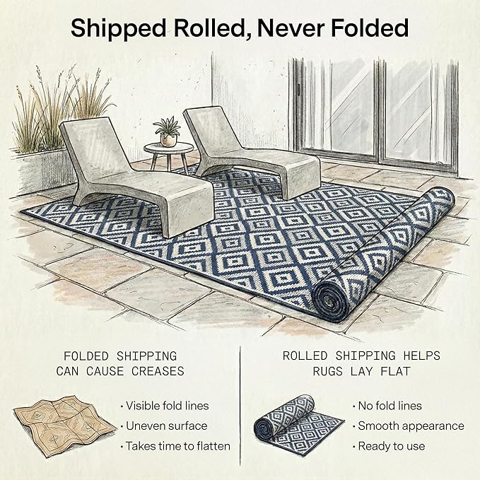 Fab Habitat Outdoor Rug - Waterproof, Fade Resistant, Crease-Free - Premium Recycled Plastic - Boho Geometric Diamond - Patio, Deck, Porch, Balcony, Laundry Room - Rabat - Blue & Cream - 4 x 6 ft