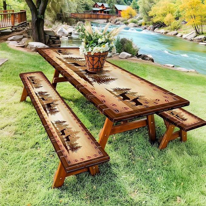 30X60 Inch Brown Deer Picnic Table Cover with Bench Cover and Drawstring Bag, Waterproof Washable Fitted Outdoor Tablecloth Rectangular Elastic Edged for Camping Outdoor Travel, 3 Pieces Set