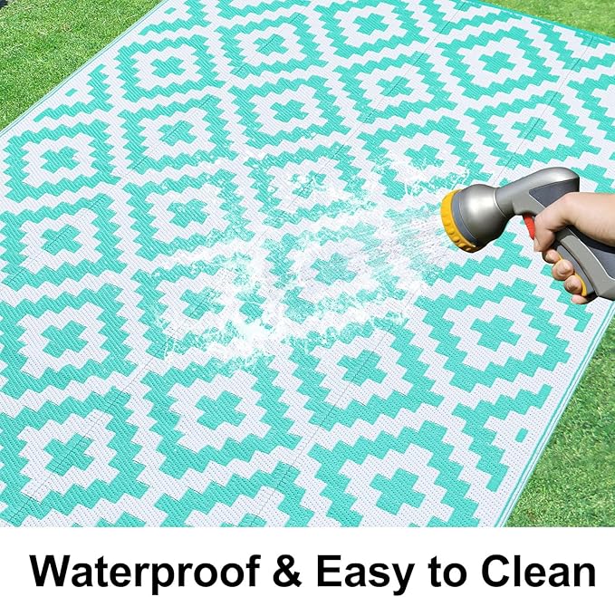 Smiry Waterproof Outdoor Rug 6x9 ft, Reversible Plastic Straw Patio Camping Rugs, Outdoor Indoor RV Mat Carpet for Patio, Outside Entry, Backyard, Deck, Bench, Picnic, Camper, White & Teal