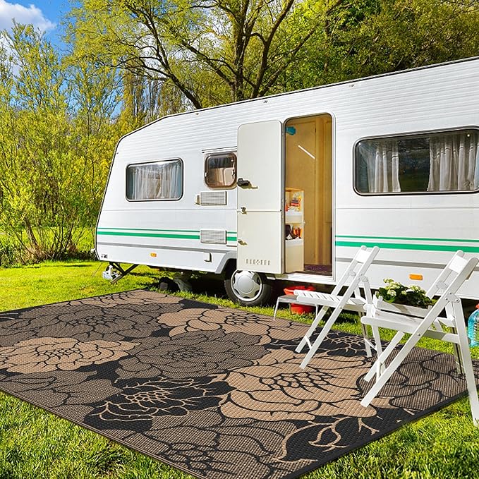 GENIMO Outdoor Rug Waterproof for Patio Decor, 5' x 8' Reversible Plastic Straw Floral Camping Carpet, Large Area Rugs Mats for RV, Camper, Deck, Balcony, Porch, Beach, Picnic, Mix-Black & Brown
