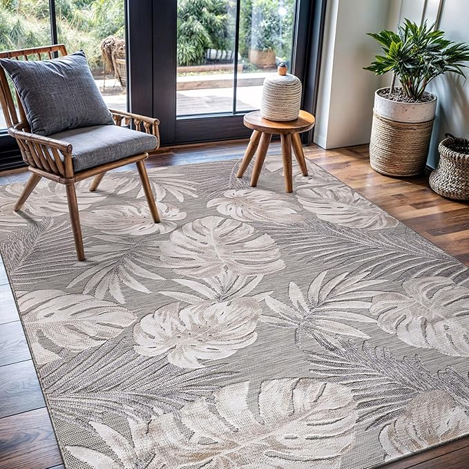 CAMILSON Indoor Outdoor Rug, Beige 4x6 Leaf Tropical Botanical Area Rugs for Indoor and Outdoor patios, Easy-Cleaning Non-Shedding Living Room, Garden and Kitchen Washable Outside Carpet (4 x 6)