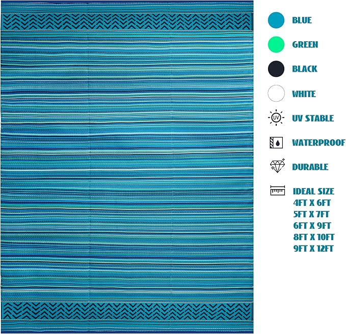 Reversible Outdoor/Indoor Plastic Rug Plastic Straw Rug Waterproof Portable Mat, Easy to Clean and Fold,Perfect for Garden, Patio, Picnic, Decking-（Sky Blue,8x10Ft）