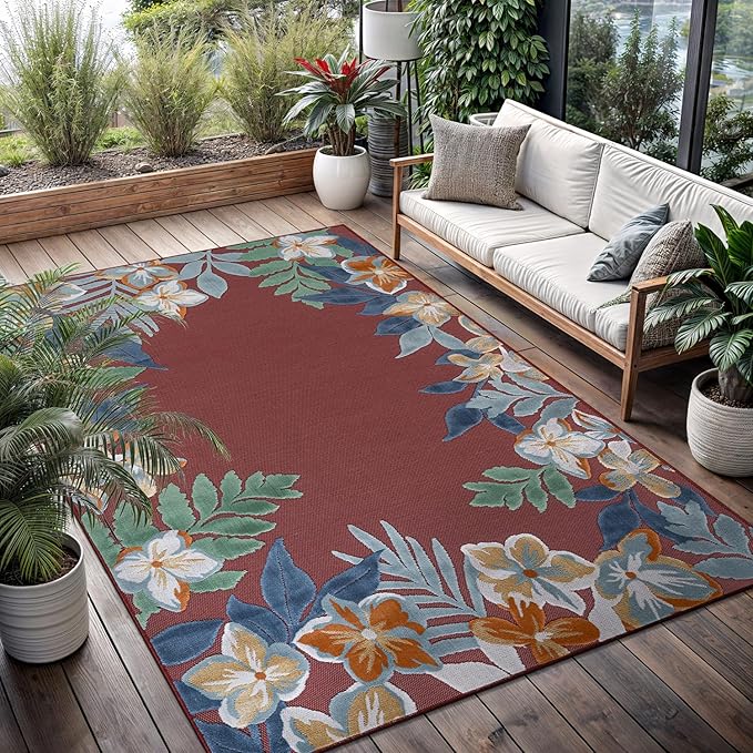Outdoor Rug 6x9 Washable Area Rugs Indoor Outdoor Carpets Red Border Floral Non Shedding Waterproof Easy Clean Patio Deck Porch Living Room Bedroom Garden RV (6 X 9 Red)