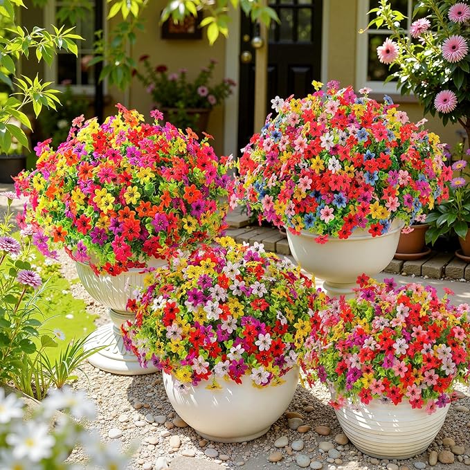 SHareconn 24 Bundles Artificial Flowers for Outdoors Spring Decoration, Fake Silk Realistic Faux Plants UV Resistant for Outside Planter Porch Patio Indoor Decor, RedPurpleYellowWhite