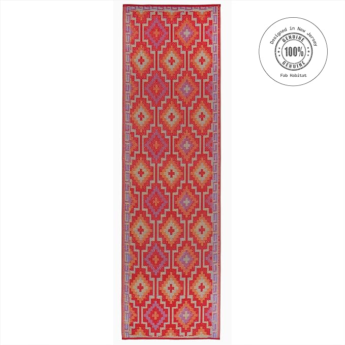 Fab Habitat Outdoor Rug - Waterproof, Fade Resistant, Crease-Free - Premium Recycled Plastic - Vintage Kilim - Porch, Deck, Balcony, Hallway, Poolside - Lhasa - Orange & Violet - 2.5 x 8 ft Runner