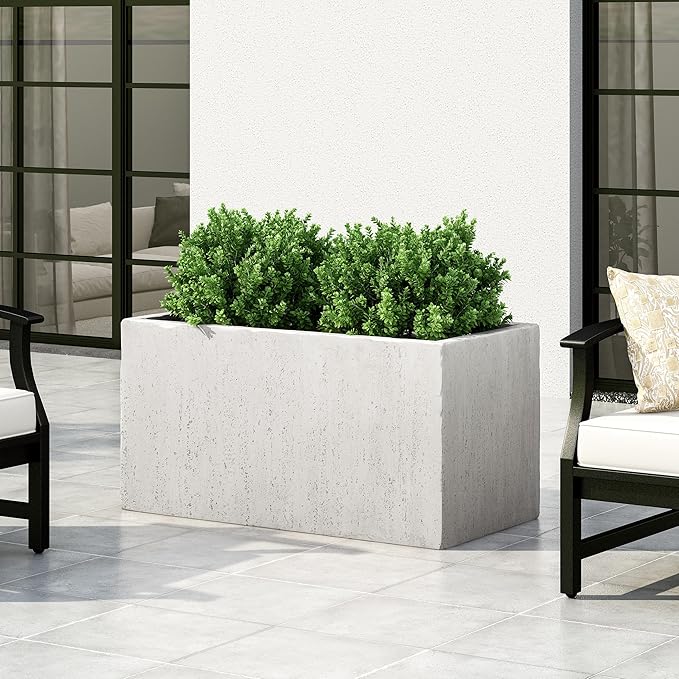 Merax Outdoor Large Square MGO Planter, 35-inch Modern Lightweight Concrete Garden Plant Pot for Patio, Backyard, and Deck, Stone-Look Rectangle Planter Box, White