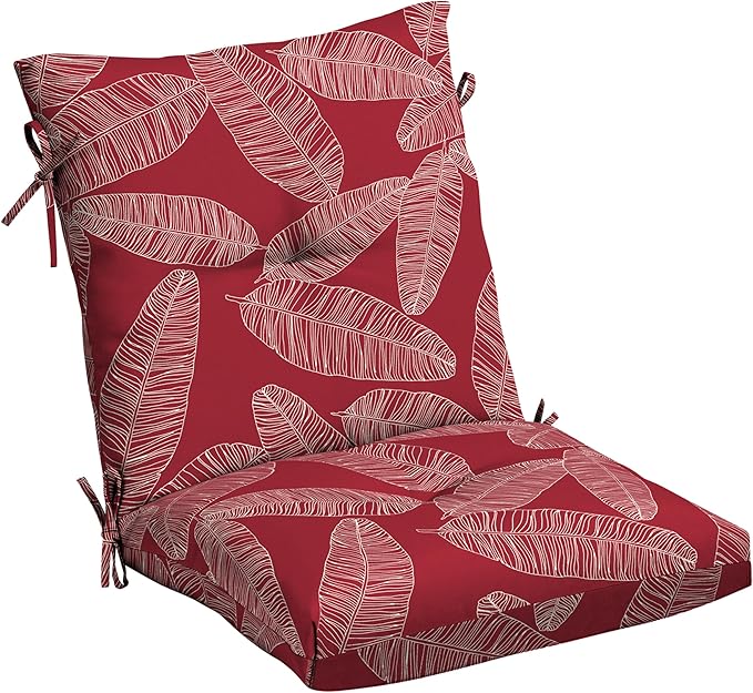 Arden Outdoor Plush Modern Tufted Blowfill Dining Chair Cushion, 21 x 40, Water Repellent, Fade Resistant, Tufted Cushion for Dining and Bistro Chairs, Red Leaf Palm