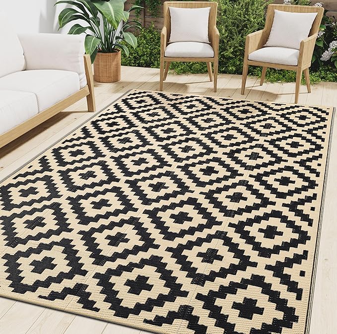 Smiry Waterproof Outdoor Rug 6x9 ft, Reversible Plastic Straw Patio Camping Rugs, Outdoor Indoor RV Mat Carpet for Patio, Outside Entry, Backyard, Deck, Bench, Picnic, Camper, Black & Beige