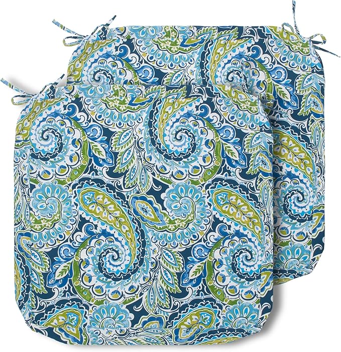 Magpie Fabrics Indoor Outdoor Cushion Cover Replacement 2 Pack, NO Insert! Water Repellent Slipcover with Ties Decor for Patio Garden Chair Seat Sofa Bench Wicker(Paisley Lapis Green, 24x24x4 Inch)