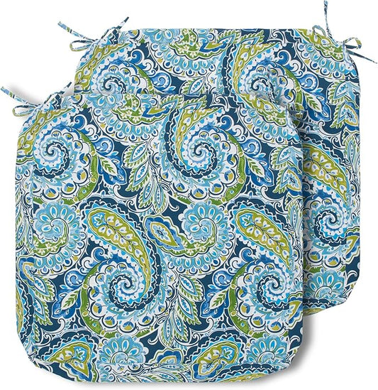 Magpie Fabrics Indoor Outdoor Cushion Cover Replacement 2 Pack, NO Insert! Water Repellent Slipcover with Ties Decor for Patio Garden Chair Seat Sofa Bench Wicker(Paisley Lapis Green, 24x24x4 Inch)