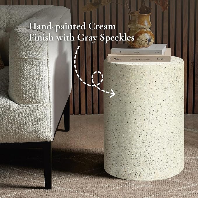 LuxenHome Cream with Speckled Gray Cement Round Indoor Outdoor Side and End Table (Set of 2)