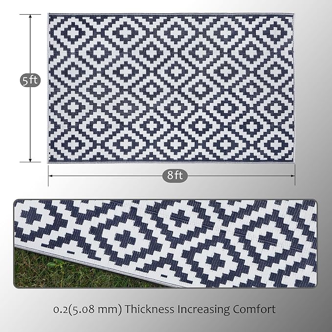 SAND MINE Reversible Mats, Plastic Straw Rug, Modern Area Rug, Large Floor Mat and Rug for Outdoors, RV, Patio, Backyard, Deck, Picnic, Beach, Trailer, Camping, Dark Blue & White, 5' x 8'