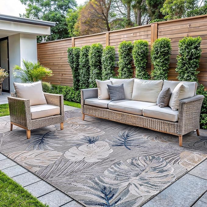 CAMILSON Indoor Outdoor Rug, Blue 6’x9’ Leaf Tropical Botanical Area Rugs for Indoor and Outdoor patios, Easy-Cleaning Non-Shedding Living Room, Garden and Kitchen Washable Outside Carpet (6x9)