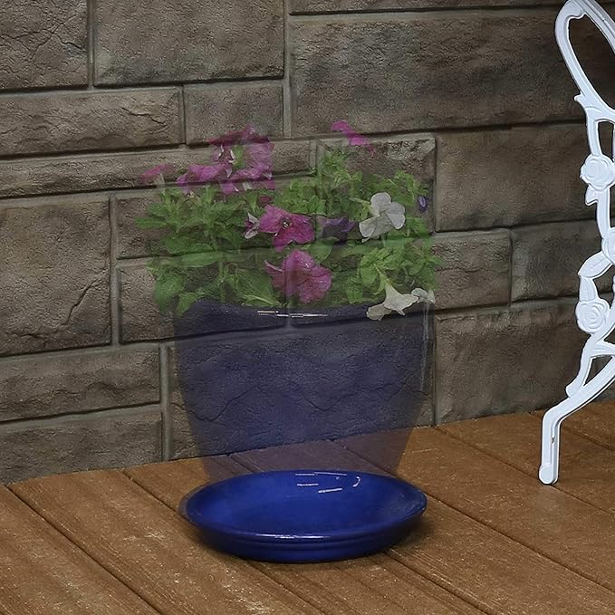 Sunnydaze 7-Inch Ceramic Plant Saucers - Plant Drip Trays for Outdoor Planter Flower Pot Drainage - Set of 2 - Imperial Blue