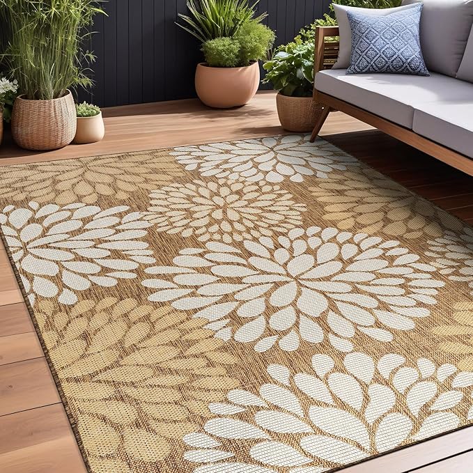 Beverly Rug Outdoor Rug 10x14 Modern Exotic Tropical Leaf Area Rugs for Indoor and Outdoor Patio Deck Porch Garden Water Resistant Washable Outside Carpet (10 x 14 Wooden)
