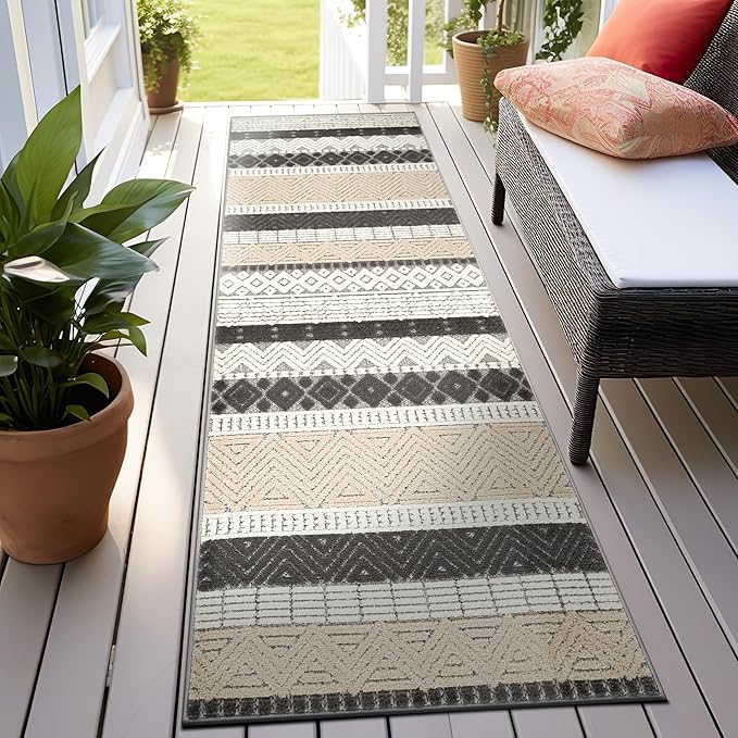 Rugshop Gray Marbella Boho Indoor/Outdoor Runner Rug, Machine Washable for Hallway, Entryway and Kitchen 2'7" x 12'