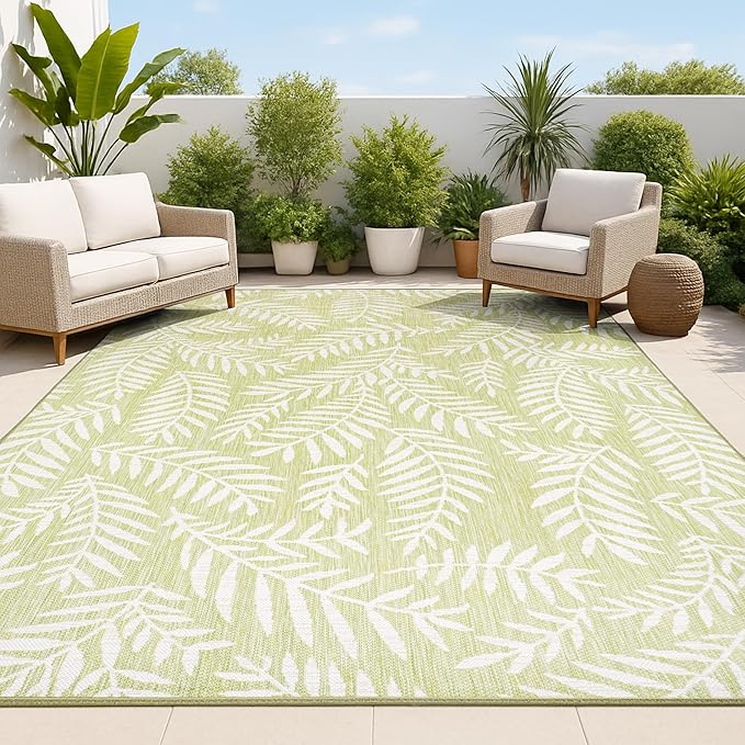 JONATHAN Y Palm Frond Indoor Outdoor Area Rug 4X6 Green/Cream, Nevis for Backyard, Patio, Porch, Easy-Cleaning, High Traffic, Pet-Friendly, Non-Shedding (SMB119D-4)
