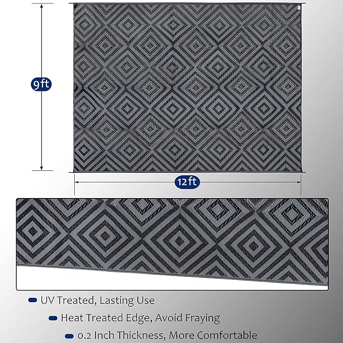 Reversible Mats, Patio Plastic Straw Modern Area Rug, Floor Mat for Outdoors, RV, Patio, Backyard, Deck, Picnic, Beach, Trailer, Camping (Diamond Black & Grey, 9' x 12')