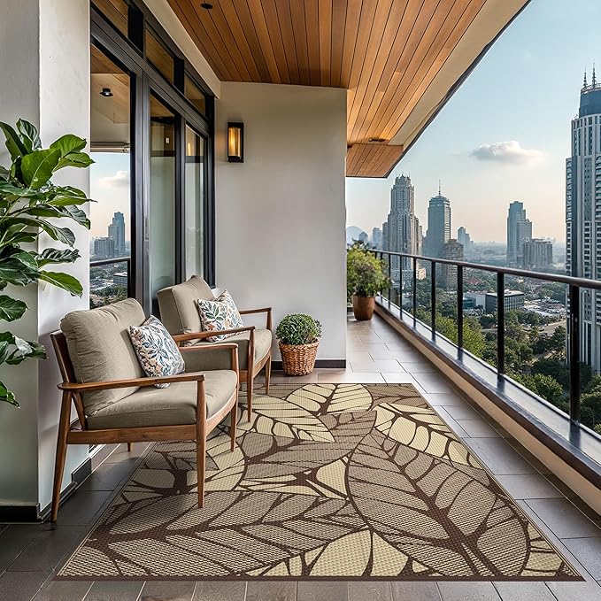 GENIMO Outdoor Rug 6' x 9' Waterproof for Patio Clearance, Reversible Plastic Straw Camping Carpet, Lightweight Mat for Rv, Camper, Deck, Porch, Picnic, Balcony, Beach, F.Coffee & Beige
