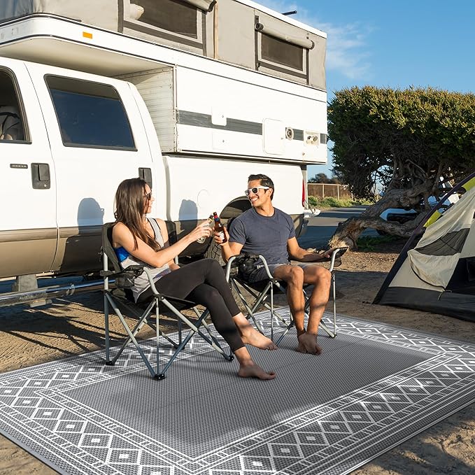 GENIMO Outdoor Rug Waterproof for Patio Decor, 8'x10' Reversible Outdoor Plastic Straw Rug Carpet, Camping Mats for Outdoor Decor, RV, Backyard, Deck, Balcony, Picnic, Grey & White
