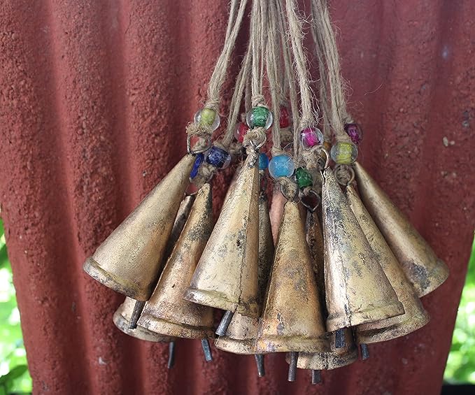 Rustic Iron Tin Cone Bells with Beads, 12 Pc Mini Wind Chime Bells for Crafts, Decor, Garden, Wedding, Festival, DIY Projects – Handmade Hanging Vintage Bells with Jute String – Small Bells That Ring