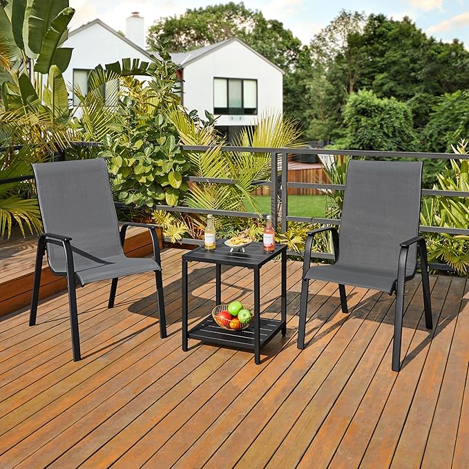 Yaheetech Patio Chairs Set of 2, Dining Chairs with Breathable Fabric and Heavy-Duty Iron Frame for Lawn, Backyard, Deck, 300 lbs Capacity, Gray