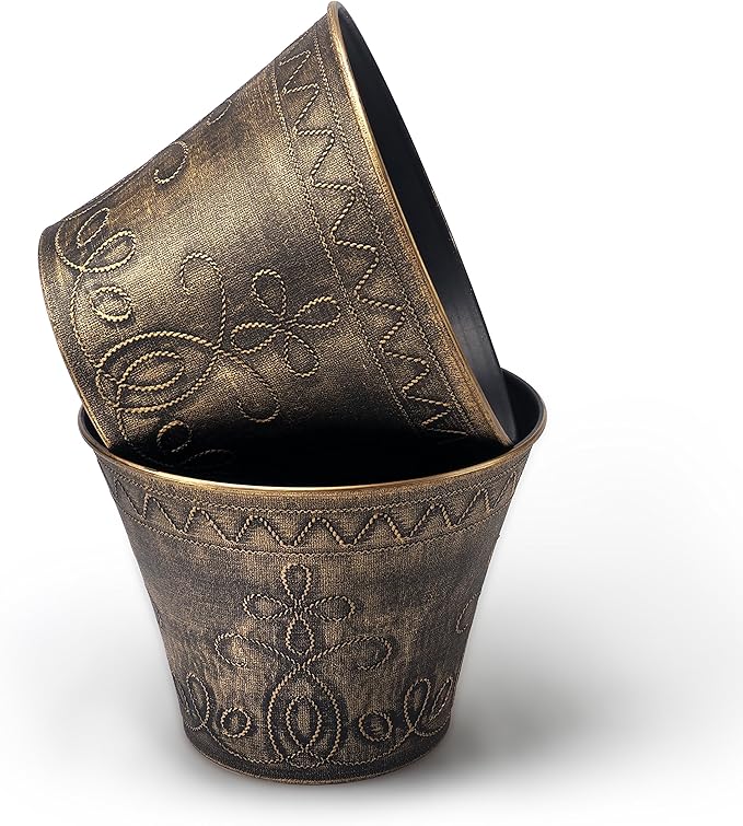Large Fancy Decorative Planter (2 Pack) Rustic French Country Look Flowerpot Nursery Pot for Indoor, Outdoor, Garden, Patio, Office, Home Decor Use. Long Lasting, Reusable Light Weight (Gold-L)