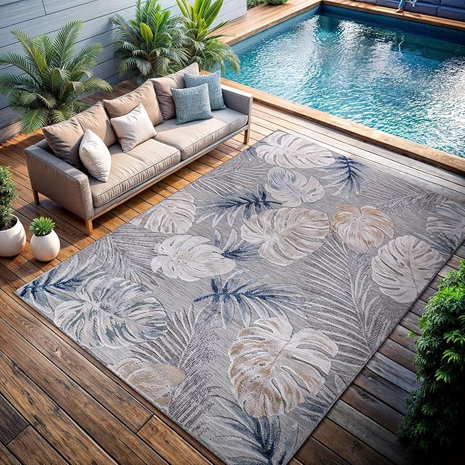 CAMILSON Indoor Outdoor Rug, Blue 10’x14’ Leaf Tropical Botanical Area Rugs for Indoor and Outdoor patios, Easy-Cleaning Non-Shedding Living Room, Garden and Kitchen Washable Outside Carpet (10x14)