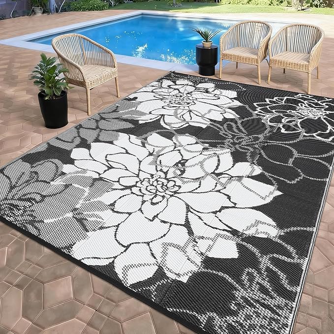 Outdoor Rug 9x12 Reversible Modern Floral Patio Rug Waterproof & Washable Outside Carpet, UV Weather Resistant RV Camping Mat, Durable Plastic Outdoor Carpet for Garden Yard, Black