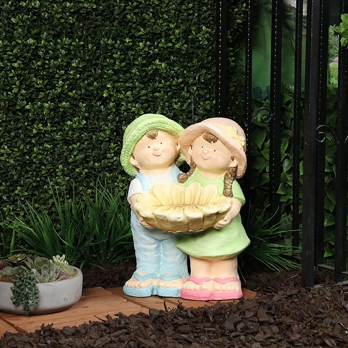 Alpine Corporation QWR1372 Boy and Girl Holding Sunflower Birdbath, Playful Child Statue with Birdbath, 17" H, Multicolor