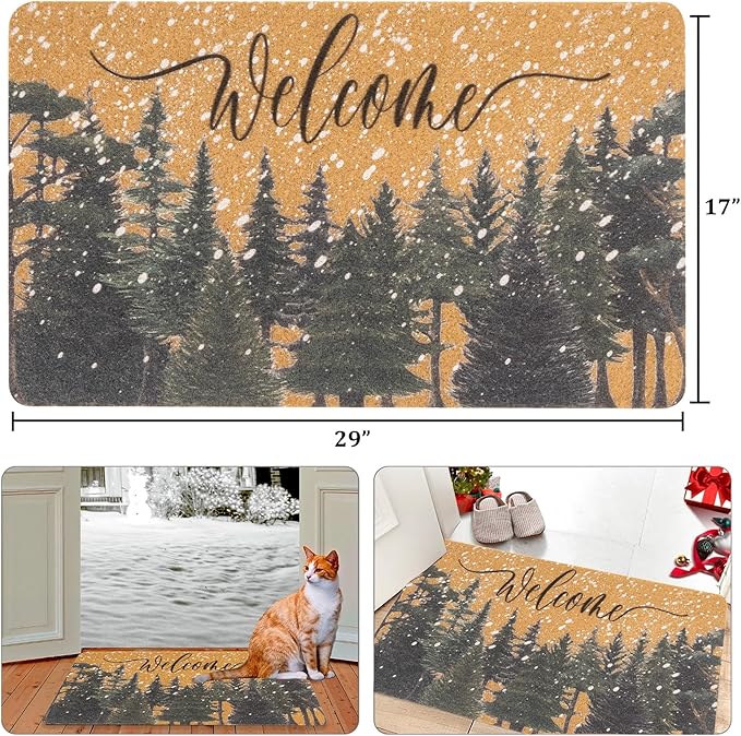 Winter Chirstmas Welcome-Doormat Outdoor-Entrance Pine-Trees Front-Door-Mat, Faux-Coir Seasonal Entryway-Rug Non-Slip Dirt-Trapping Indoor-Outside Porch Mat 17"x30" for Home Decor