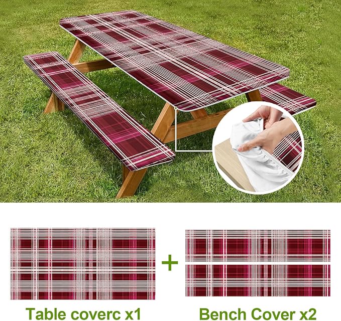 Picnic Table Cover with Bench Covers Set of 3 - Classic Red Black Buffalo Plaid Tablecloth, Elastic Fitted for 6 Ft Tables, Washable Polyester Cover for Camping, Indoor & Outdoor