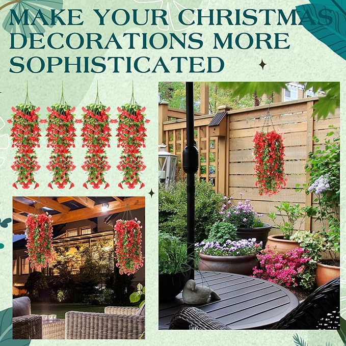 Hotop 2 Set Artificial Hanging Flower Basket and 6 Pcs Bougainvillea Silk Vine Flower for Outdoor Indoor UV Resistant Faux Hanging Plant Coconut Lining Planter Pot(Red)