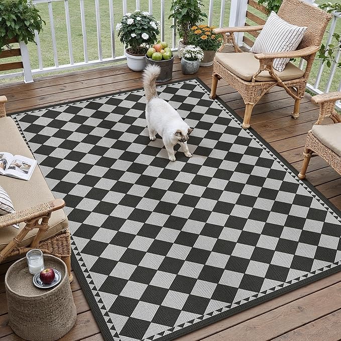 HUGEAR 3x5 Outdoor Rug Black/Grey Linen-Look Fabric Checkered Area Rug High Traffic Stain Resistant Easy Clean Durable Rugs for Indoor/Outdoor Patio Deck Balcony Porch Garden Courtyard