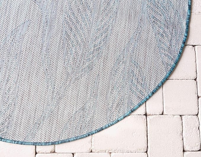 Unique Loom Outdoor Botanical Collection Area Rug - Leaf (4' 1" Round, Teal/ Ivory)