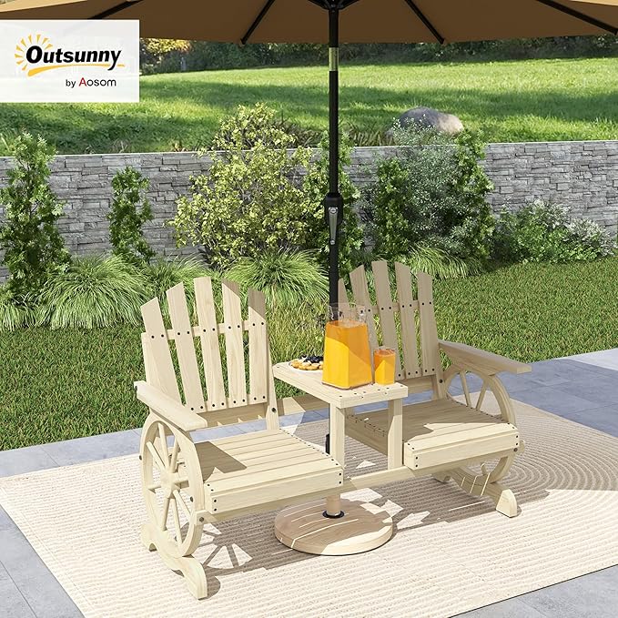 Outsunny Wooden Garden Bench with Table, Umbrella Hole, 2-Seat Wagon Wheel Outdoor Bench with Slatted Seat, High Backrest, Armrests for Backyard, Patio, Garden, Natural Wood