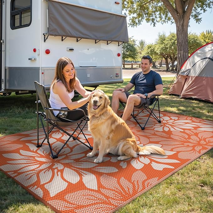 GENIMO Outdoor Rug Waterproof for Patio Decor, 6' x 9' Reversible Plastic Straw Floral Camping Carpet, Large Area Rugs Mats for RV, Camper, Deck, Balcony, Porch, Beach, Picnic, Orange & Beige