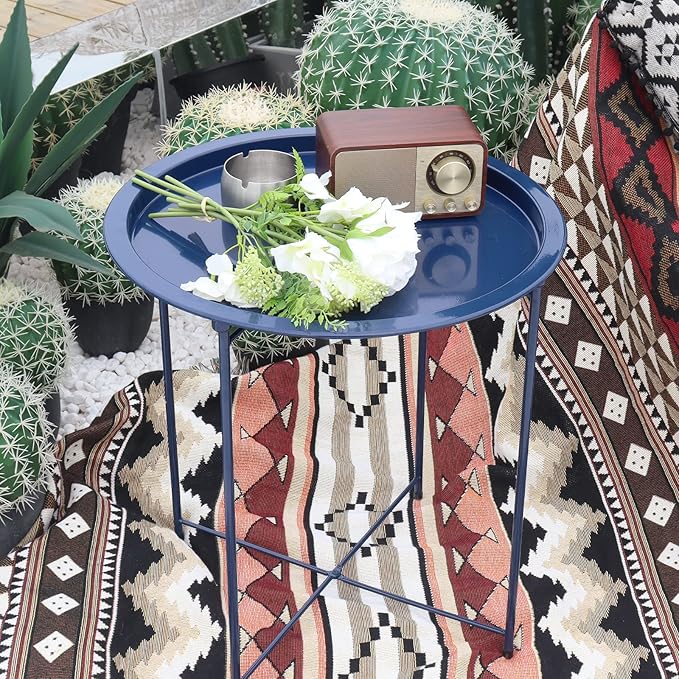 Garden 4 you End Table Metal Side Table Blue Round Folding Tray Cyan Sofa Small Accent Fold-able Table, Round End Table Tray, Next to Sofa Table, Snack Table for Living Room and Bed Room