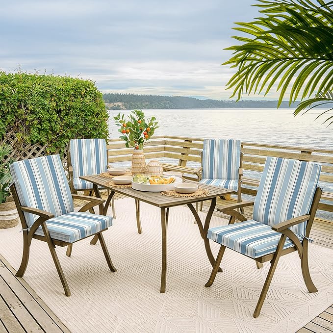 Arden Outdoor Patio Dining Chair Cushion, 20x44, Rain-Proof Seat Pad, Fade-Resistant Outdoor Cushion French Blue Linen Stripe