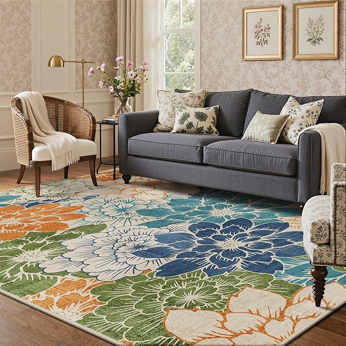 GENIMO Indoor Outdoor Area Rug 8'x10', Machine Washable Rugs for Patio, Waterproof, Non-Slip Easy Cleaning Floral Outdoor Mat Carpet for Living Room, Bedroom, RV, Balcony, Deck, Camping, Teal Blue