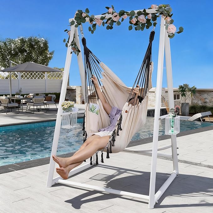 Hammock Chair Hanging Rope Swing & Stand Set with Two Holders, Heavy Duty Hanging Stand with Three Hooks, Multi-Use for Indoor Outdoor Patio Yard Garden(White & Khaki)