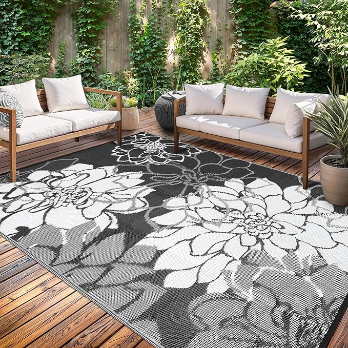 Waterproof Plastic Straw Rug 8x10 Reversible Outdoor Rug, Weather Resistant Outside Carpet, Portable RV Camping Mat with Carry Bag & Stakes for Patio Porch Garden Yard, Black
