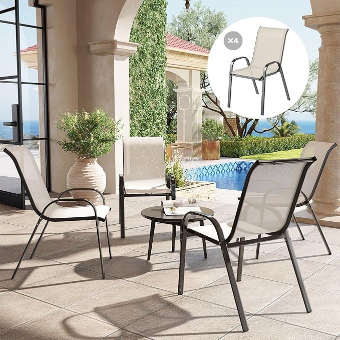 Outsunny Outdoor Dining Chairs Set of 4, Stackable Patio Dining Chairs, High Back Outdoor Patio Chairs with Breathable Mesh Seat, Metal Frame for Garden Lawn Backyard, Beige