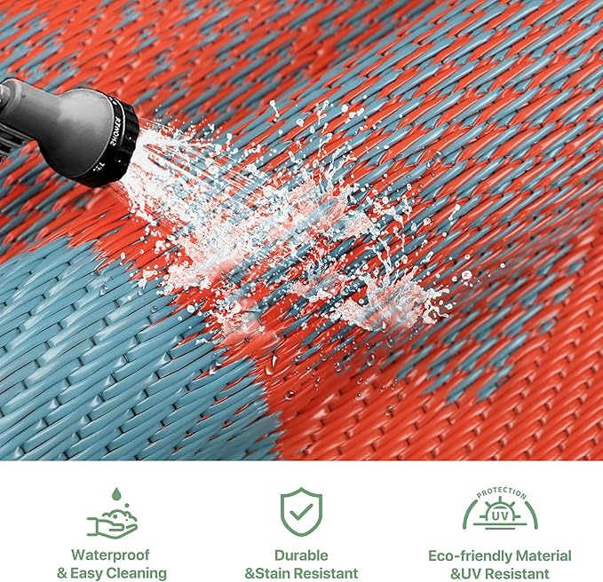 GENIMO Outdoor Rug Waterproof for Patio Decor, 6' x 9' Reversible Plastic Straw Floral Camping Carpet, Large Area Rugs Mats for RV, Camper, Deck, Balcony, Porch, Beach, Picnic, Red & Blue