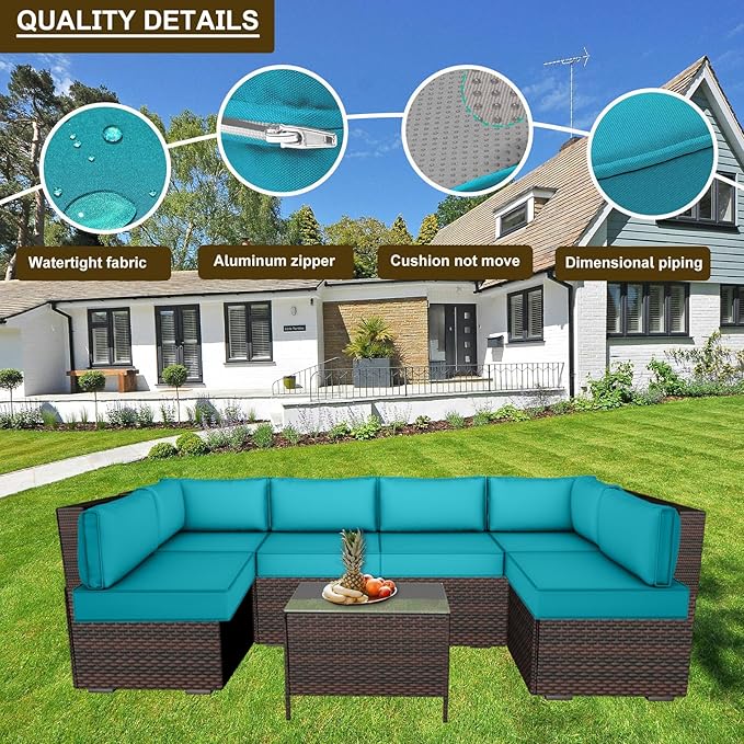 14 Piece Outdoor Patio Cushion Cover Replacement, Waterproof Patio Cushion Covers, Outdoor Furniture Cushion Covers Set for 6 Seat Wicker Rattan Sofa (Blue)