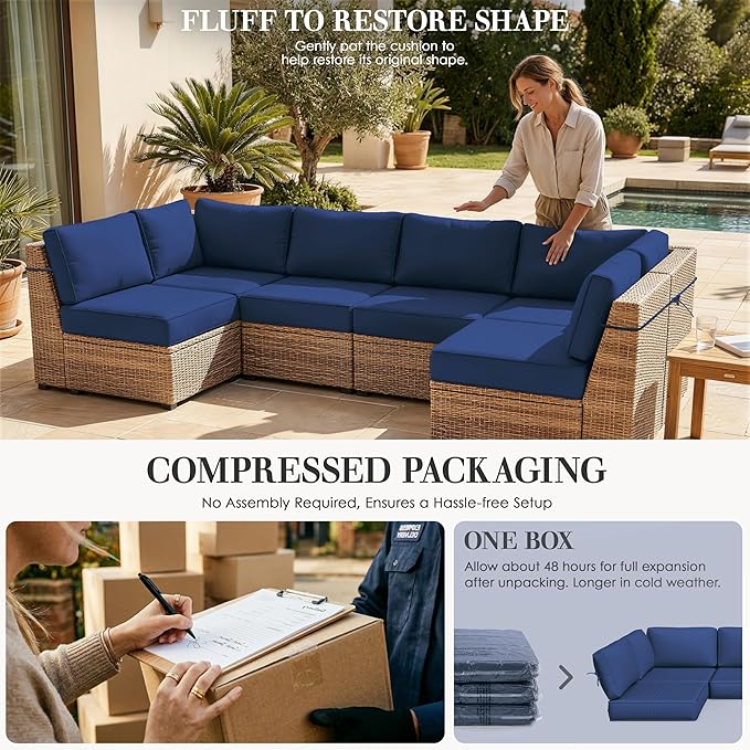 Outdoor Replacement Cushions for Patio Furniture, 5" Foam High-Density, 14-Piece Water-Resistant Outdoor Cushion for 6-Seat Sectional Patio Conversation Sets, Liner&Cover