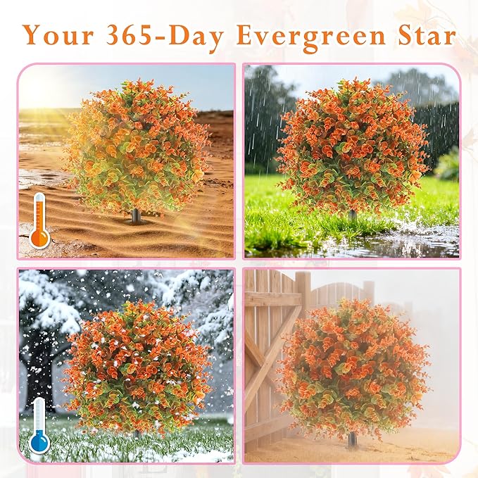 28" Artificial Fall Flower Bushes with Ground Stakes – Artificial Topiary Tree with Eucalyptus Orange Faux Floral Plants with Autumn Leaves for Outdoor Thanksgiving, Garden, Pathway, Porch Décor